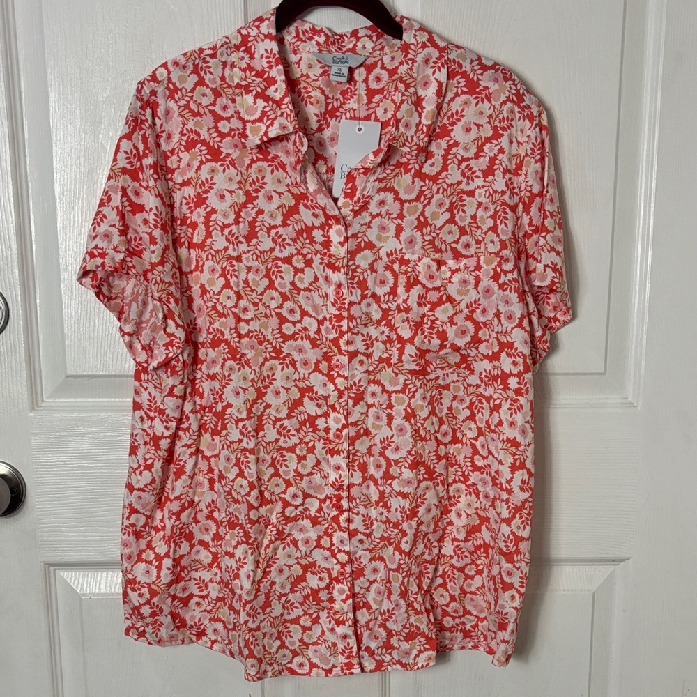 NEW NWT Croft & Barrow Orange button down shirt Hawaiian floral white flowers XL